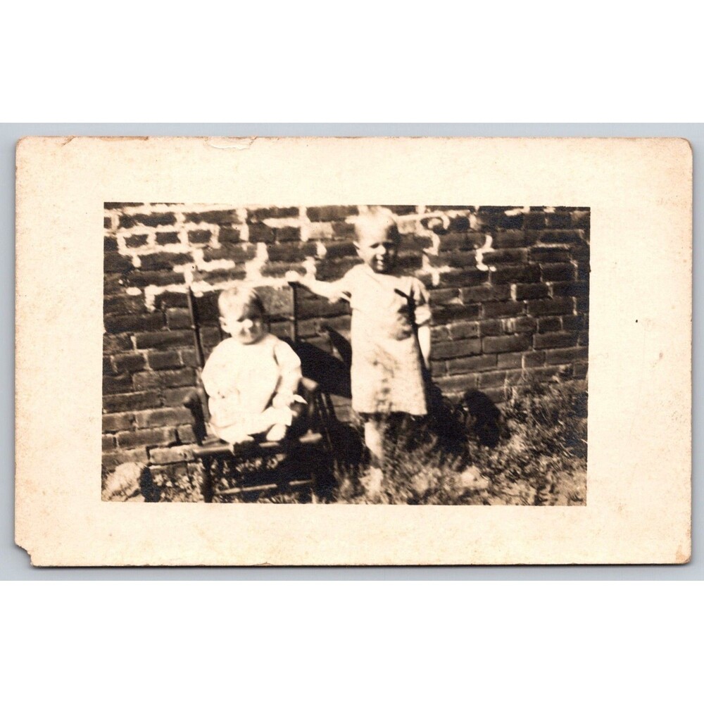 Vtg RPPC Two Children Posing By Brick Wall Real Photos Postcard 1918-1930 AZO
